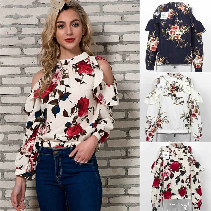 

Women's Ladies Summer Loose Tops Long Sleeve Shirt Casual Off Shoulder Floral Blouse Plus Size Fashion