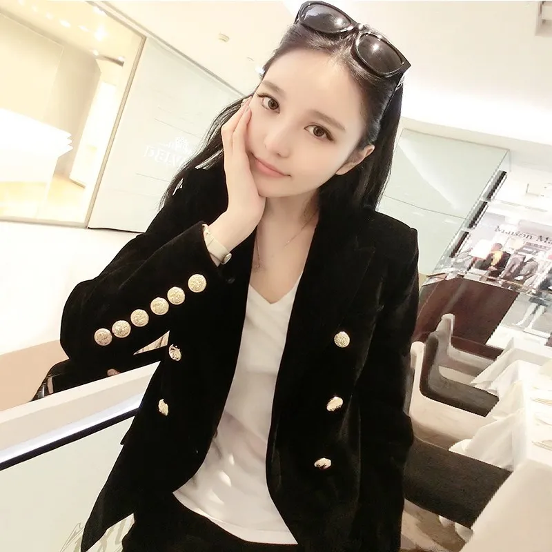 Fashion 2018 Women Double Breasted Velvet Blazers Autumn New Elegant Long Sleeve Blazer Coat Female Solid Coats