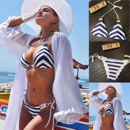

Sexy Women Summer Swimwear Striped Bikini Set Push-up Padded Bra Bathing Suit Swimsuit
