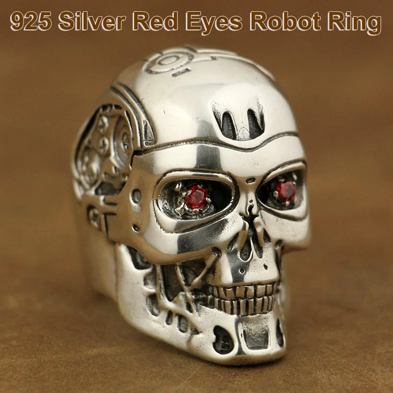 

925 Sterling Silver Punk Retro Fashion Skull Ring Cool Men's Knight Individuality Red Eyes Robot T800 Ring TA80 US Size 7~15