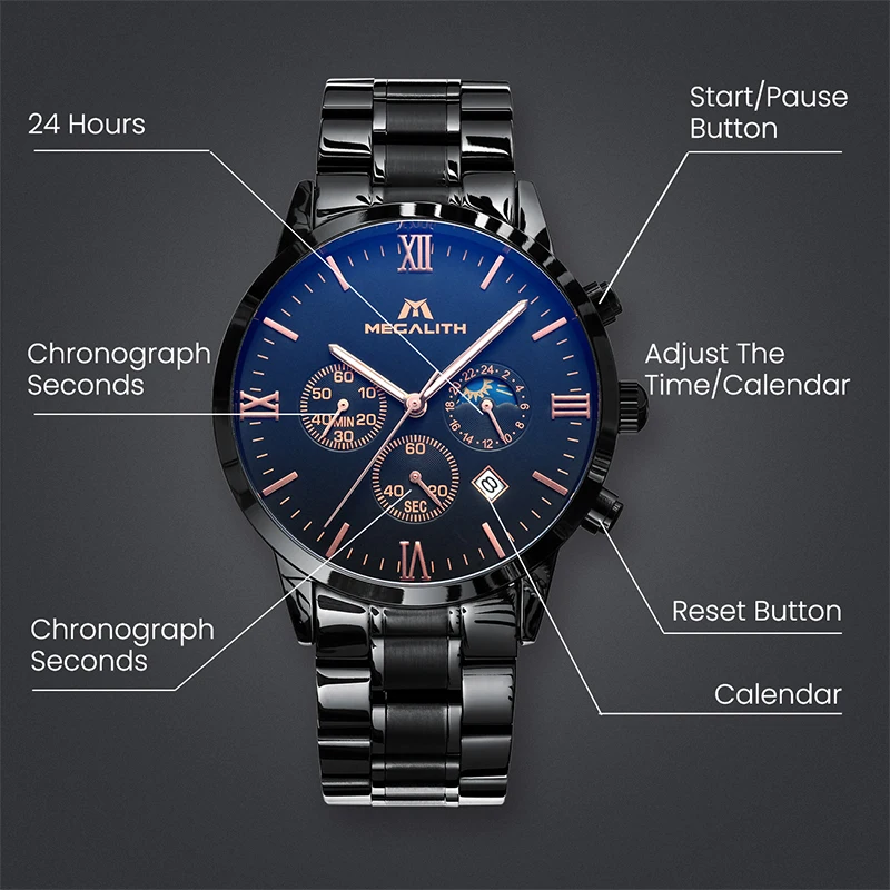 MEGALITH Fashion Casual Watches With Chronograph Date Calendar Waterproof Black Stainless Steel Sport Military Wristwatch Mens MEGALITH Fashion Casual Watches With Chronograph Date Calendar Waterproof Black Stainless Steel Sport Military Wristwatch Mens