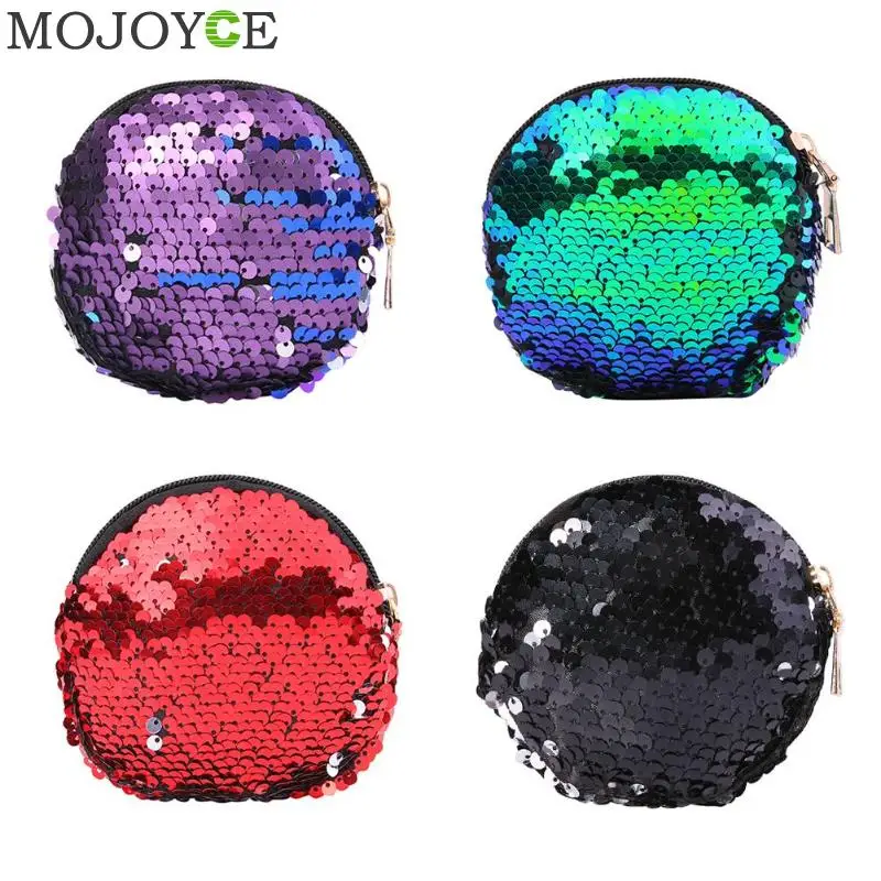 

Newest Colorful Bling Sequin Double Color Coin bag Wallet Change Purse Zipper Round Clutch Earphone Cable Storage Card Holder