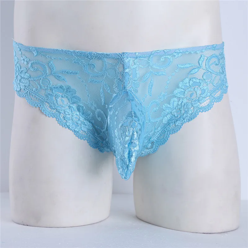TiaoBug Men Lace Floral Transparent Thong Briefs Penis Bulge Pouch Low Rise Sissy Panties Lingerie Porno Sexy Male Gay Underwear