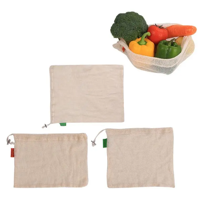 

3pcs/Pack Reusable Cotton Vegetable Bags Home Kitchen Fruit And Vegetable Storage Mesh Bags With Drawstring (S, M, L)