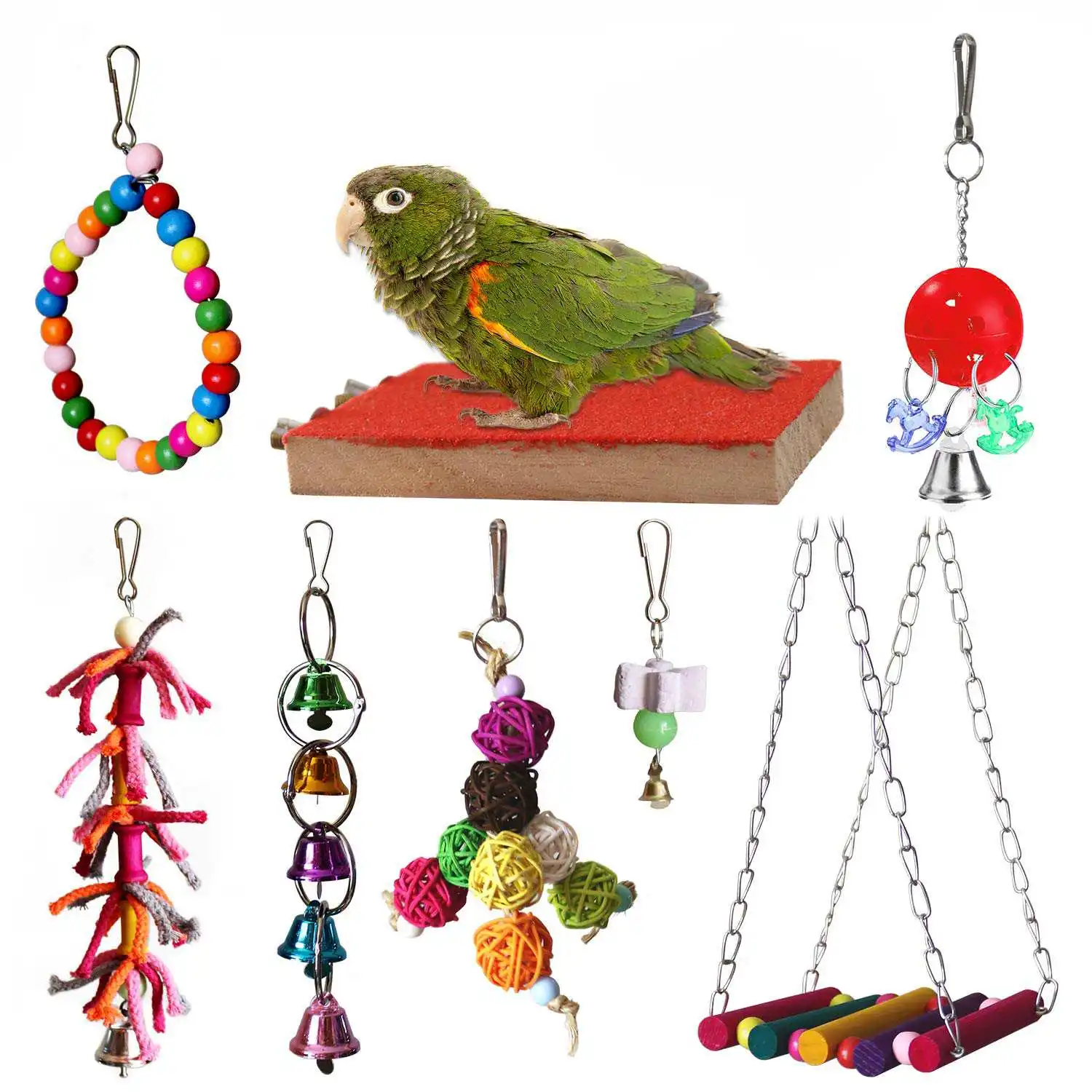 

Bird Parrot Toys Hanging Bell Pet Bird Cage Hammock Swing Toy Wooden Hanging Perch Toy For Small Parakeets Cockatiels,Con