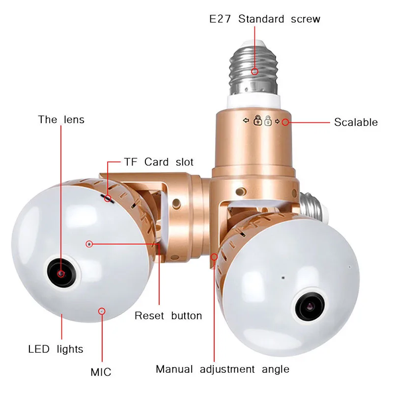 EastVita 1080P HD Wifi IP Camera Panoramic Camera 360 Two Way Audio Camera Bulb Light E27 IR-cut Mini Night Vision Camera CCTV