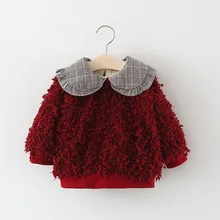 Зимний бархатный трикотаж для малышей; теплый вязаный свитер принцессы для девочек; утепленная верхняя одежда; пуловер; топы для детей с отложным воротником