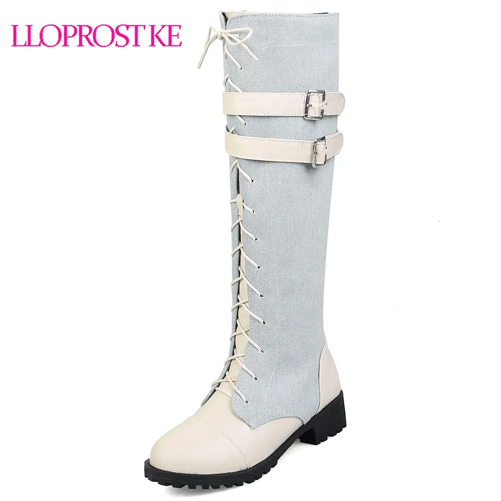 

Lloprost ke New Autumn Winter Shoes Women Denim Knee High Boots High Quality Platform Low Heel Lace Up Woman Shoes Botas Mujer