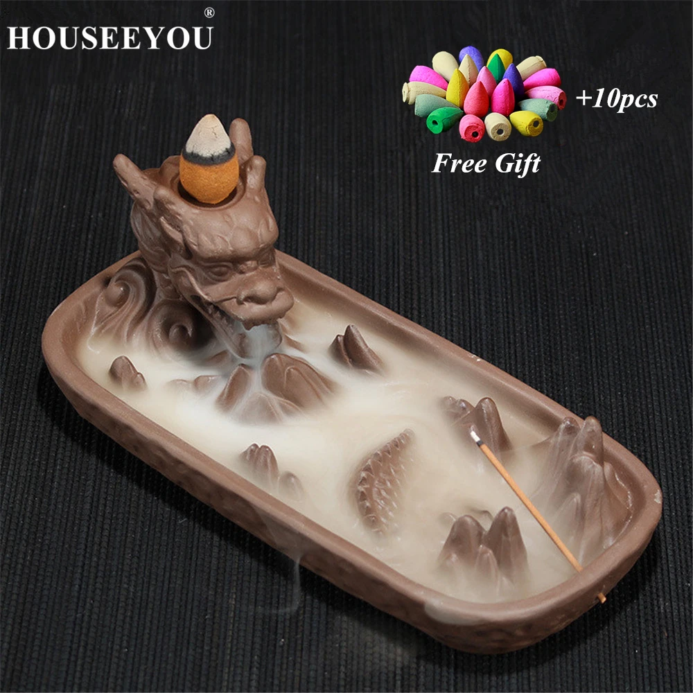 

10Pcs Incense Cones + Ceramic Dragon Aroma Smoke Censer Home Decor Creative Smoke Backflow Incense Burner Incense Stick Holder