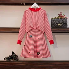 Women Sweet Red 2 Pieces Set 2019 New Winter Long Sleeve Knitting Sweater Tops + Embroidery Applique A-Line Mini Skirt for Women