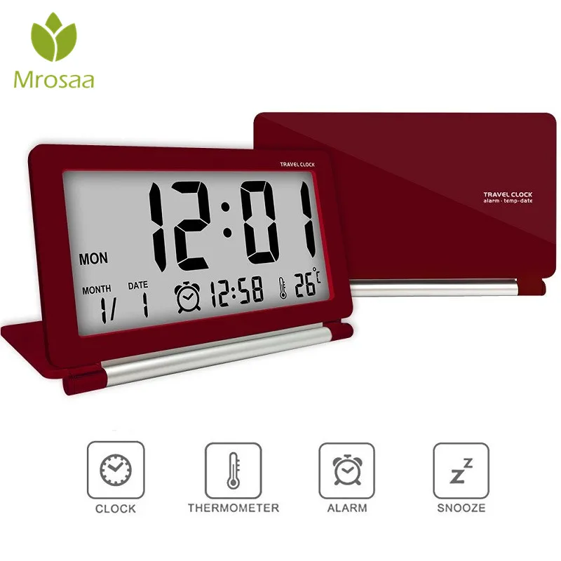 

Mrosaa Electronic Alarm Clock Travel Multifunction Silent LCD Digital Large Screen Folding Desk Clocks Temperature Date Time