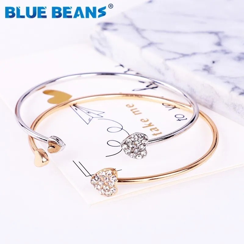 

2018 Hot New Fashion Adjustable Crystal Double Heart love Opening Bracelet Women Jewelry Gift Mujer Pulseras stainless steel cc