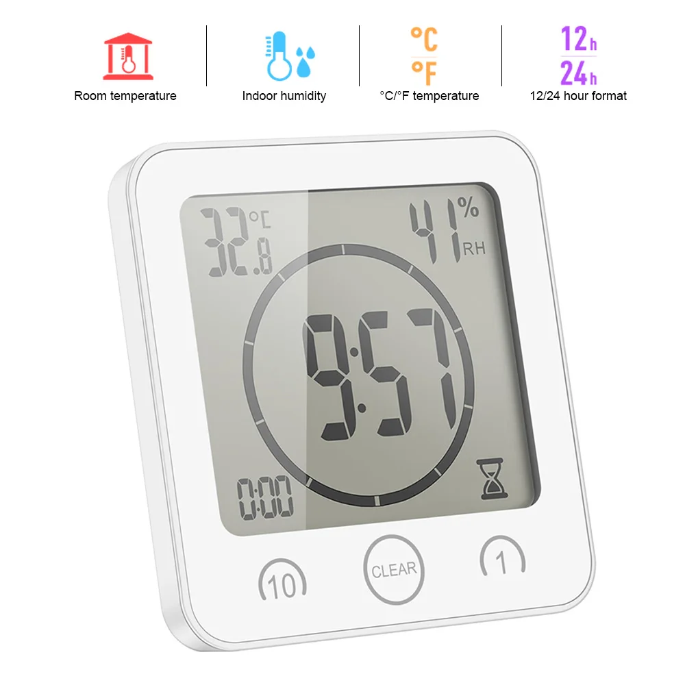 

LED Alarm Clock Waterproof Table Digital Clock Countdown Suction Hanging Clocks for Bathroom Timer Humidity Thermometer
