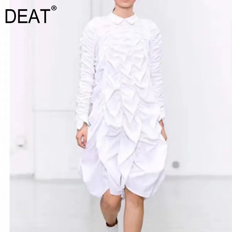 

DEAT 2019 New Spring Fashion Women Clothing Europe Turn-down Collar Full Sleeves Ruffles Pleated Vintage High Quality Dress WE01