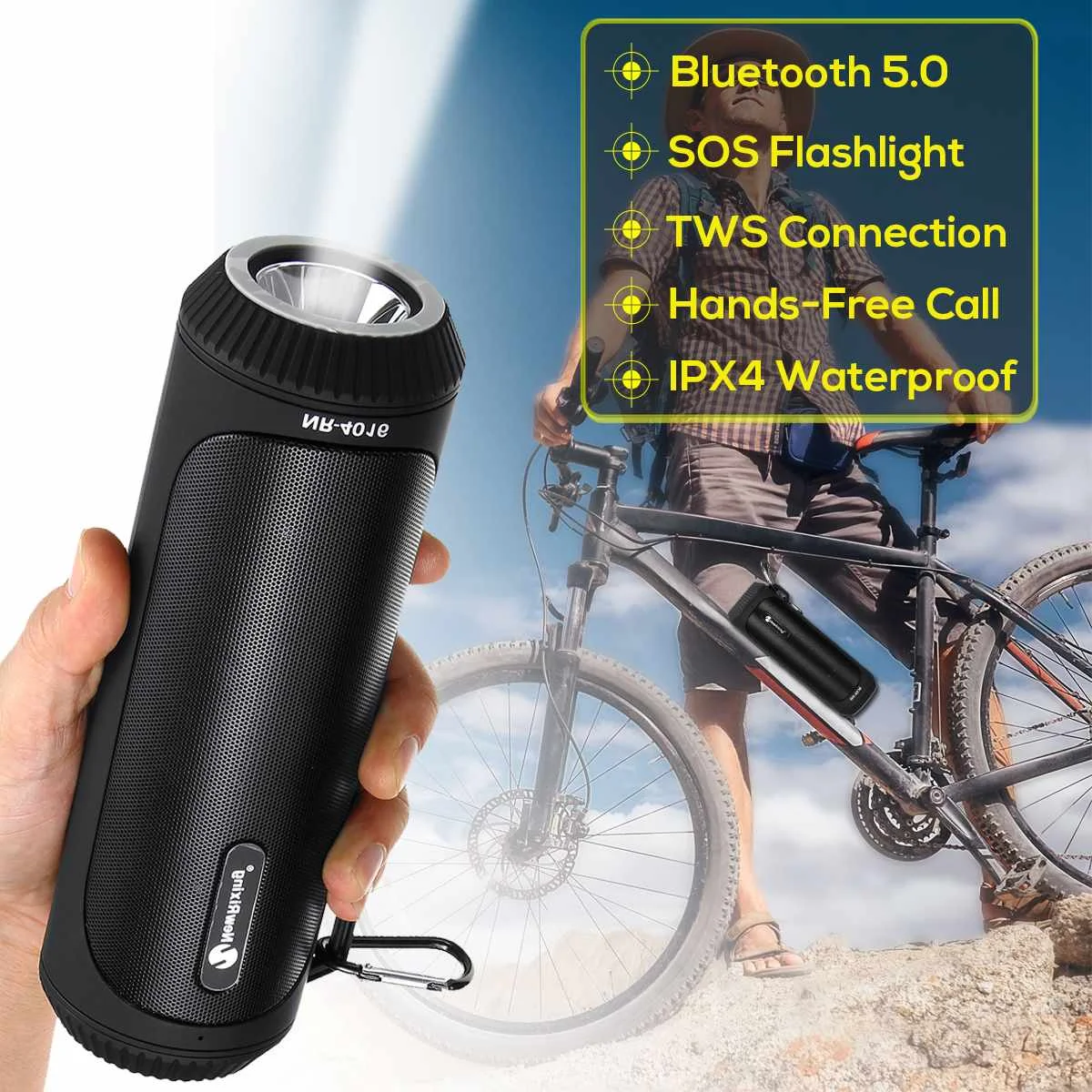 

Portable Outdoor Wireless Speaker bluetooth 5.0+EDR TWS Soundbar 3D Stereo Speaker LED Flashlight with Carabiner Audio Cable