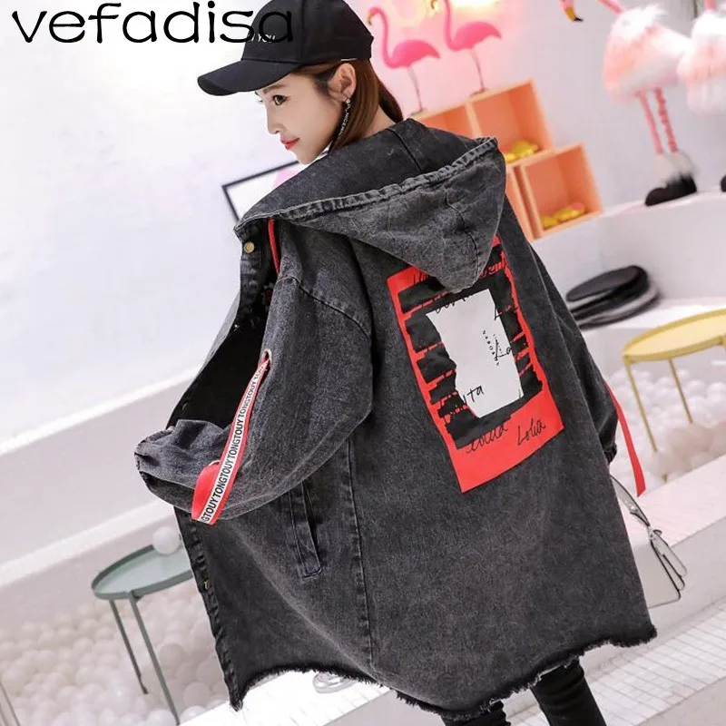 

Vefadisa Pattern Print Denim Hooded Coat Women Letter Strap Sleeves Trench Coat Girls Long Cardigans Coat Knee Length ZLD402