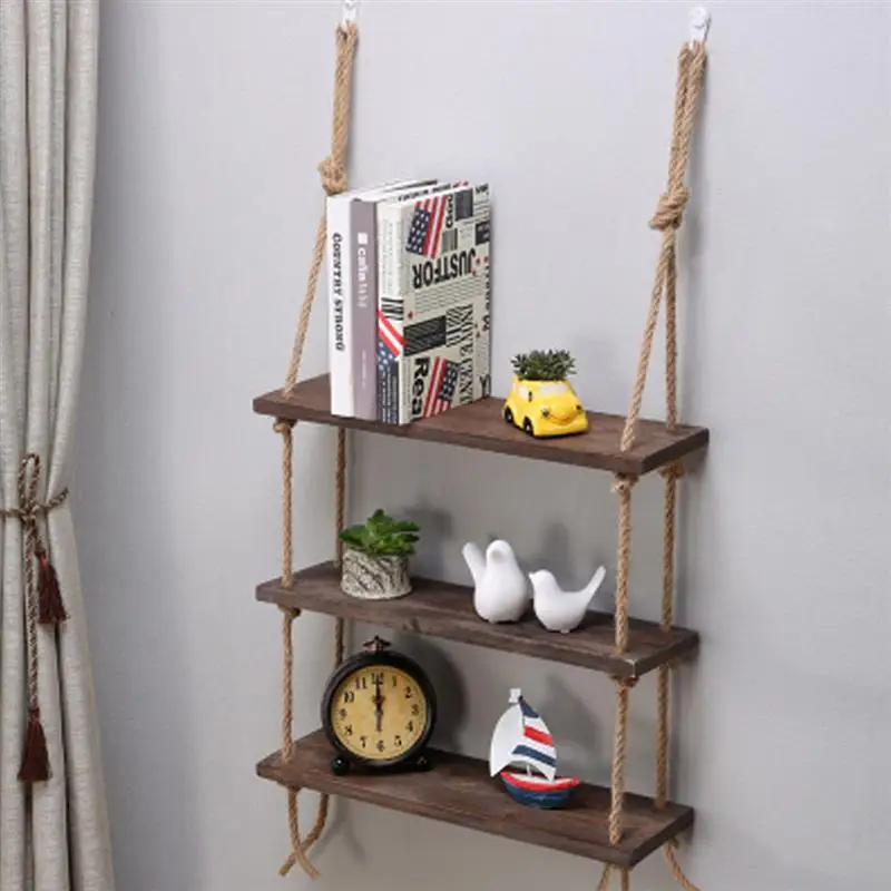 Wooden Hanging Shelf Swing Floating Shelves Rope Wall Display Rack Home Decor