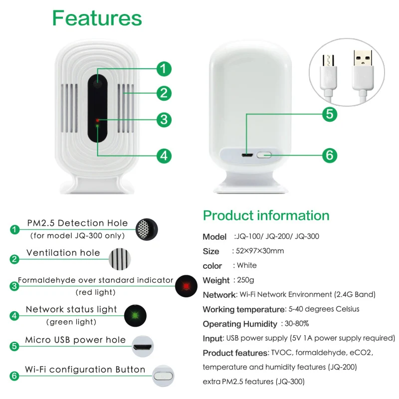 Goede Wifi Gas Analyzers Digitale Formaldehyde HCHO   TVOC   CO2 Detector Meter Tester Sensor Air Kwaliteit JQ 200