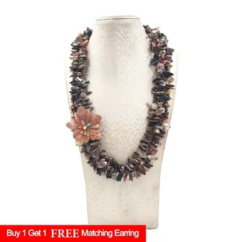 

Lii Ji Natural Tourmalines Crystal Jaspers Flower 3 Rows Necklace with Shell Toggle Clasp 56cm