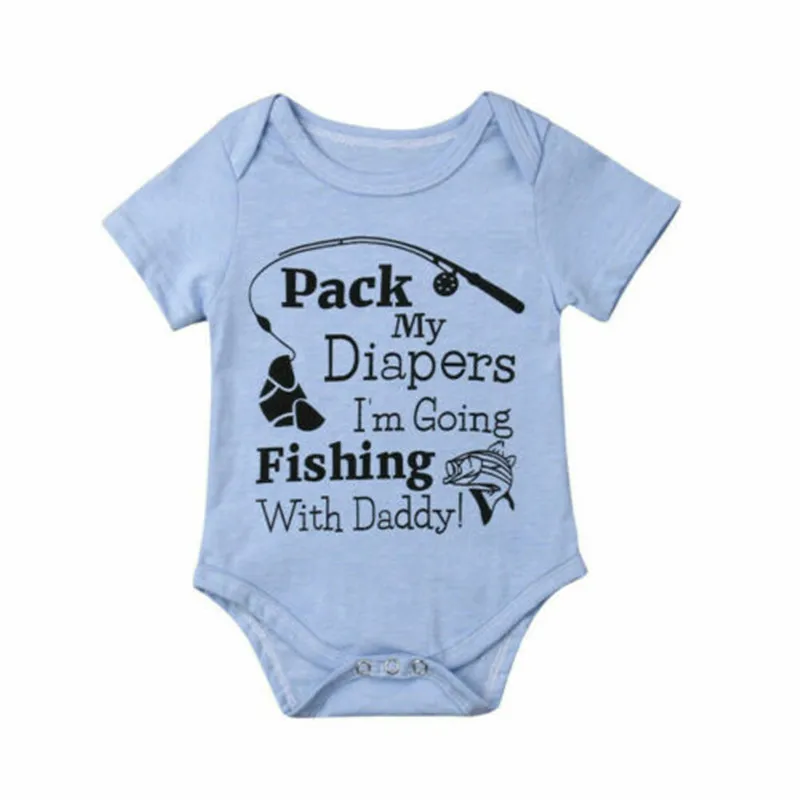 

0-24 Months Cute Baby Boys Rompers Short Sleeve Baby Boys Clothes Fish Hook Print Baby Romper Blue Letter Baby Girls Clothes R4
