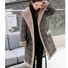 Зимнее женское пальто с подкладкой из овечьего меха, новое свободное шерстяное пальто средней длины в клетку, куртка с хлопковой подкладкой