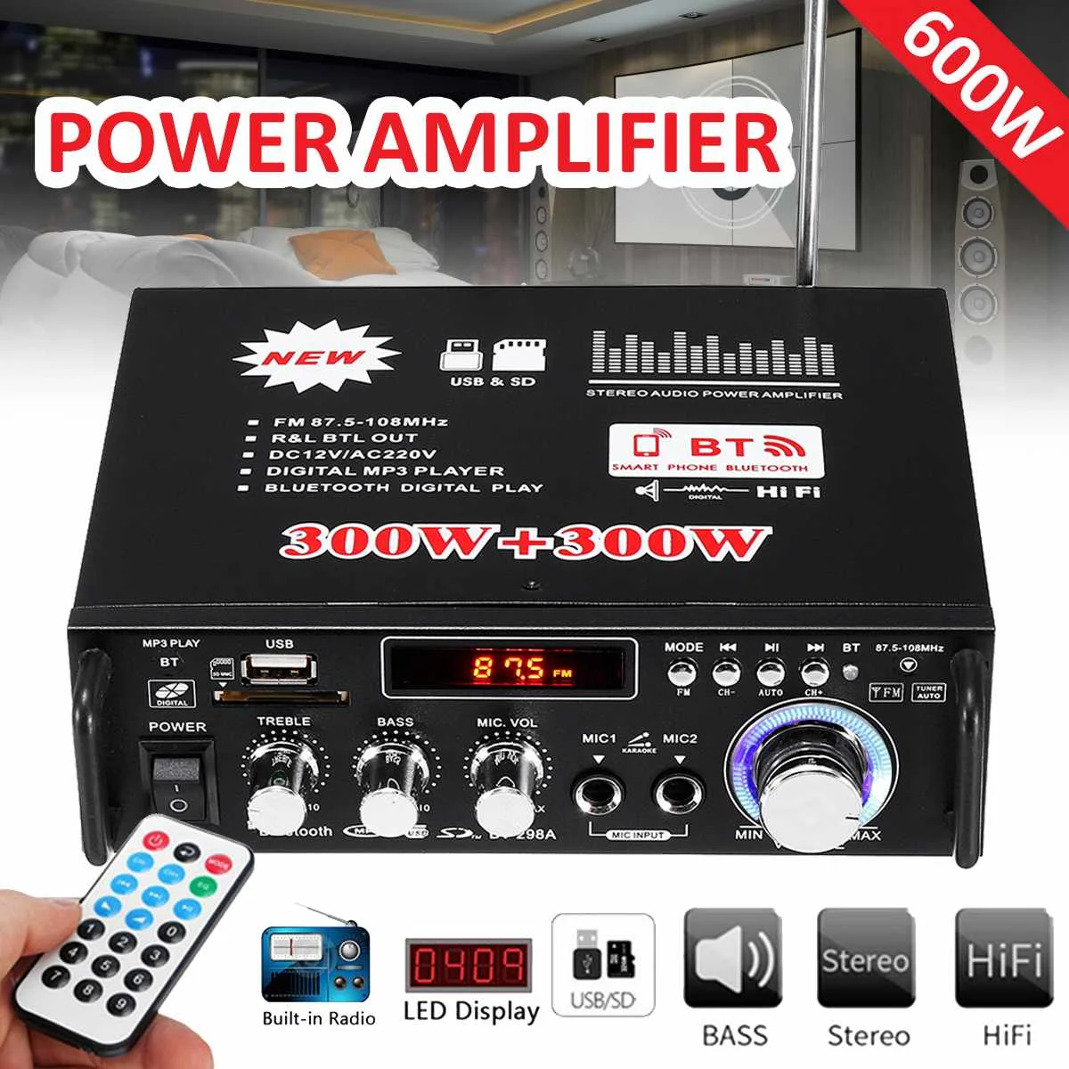 12V/ 220V BT-298A 2CH LCD Display Digital HIFI Audio Stereo Power Amplifier bluetooth FM Radio Car Home 600W with Remote Control
