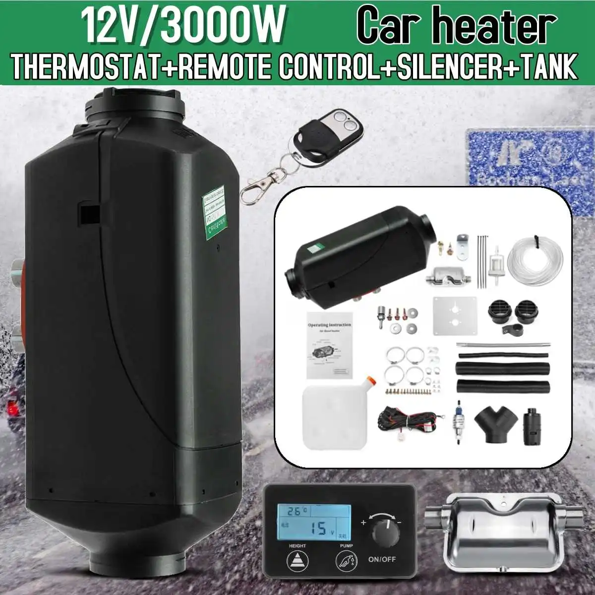 

3000W Air diesels Heater 3KW 12V Car Heater For Trucks Motor-Homes Boats Bus +LCD Monitor Knob Switch +Remote Control + Silencer