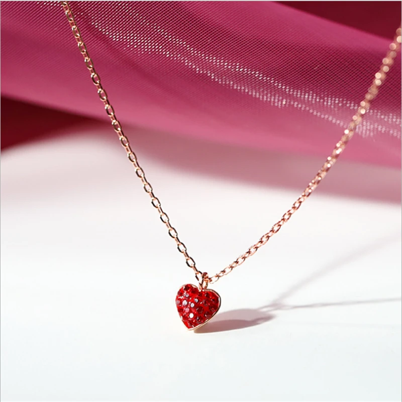 

Golden Colors Trendy Red Love Heart Shaped Pendant Necklace Women 925 Sterling Silver Clavicle Short Chain Necklace