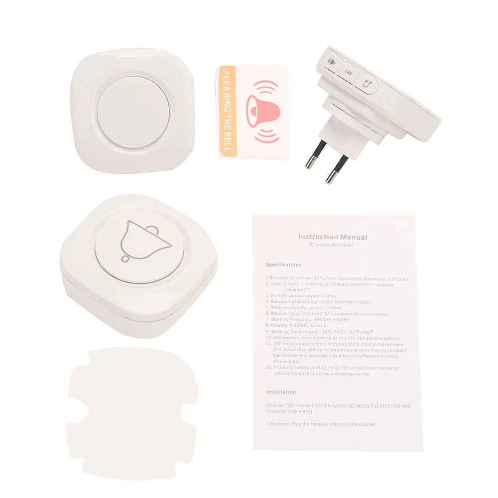

White Wireless Doorbell Alert System No Batteries Required for Receiver Over 50 Chimes with Waterproof Buttons