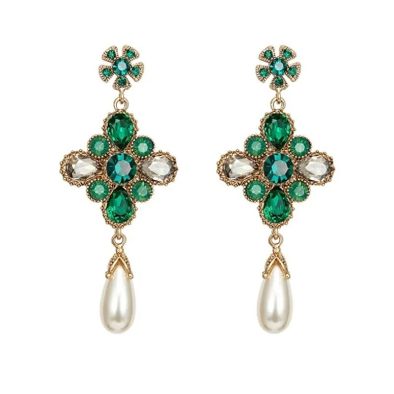 

Europe And America Octagonal Retro Crystal Green Earrings Drop Imitation Pearl Bohemian Earrings Ladies Fashion Jewelry