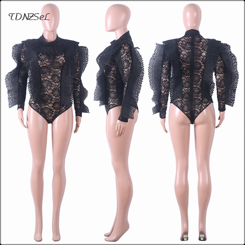 Women Sexy Lace See Through Skinny Bodysuit Long Sleeve Hollow Out Overlay Ruffle Jumpsuit Nightclub Party Turtleneck Playsuit