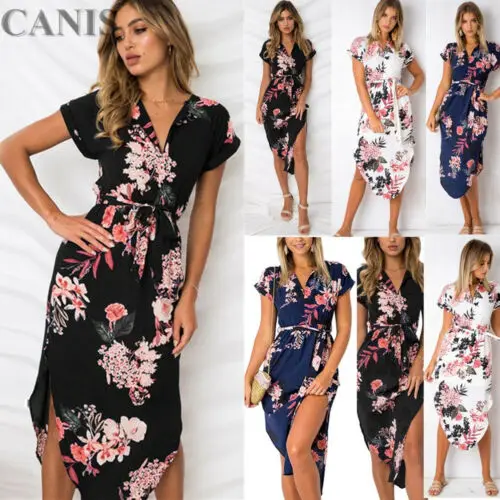 

Boho Floral Printed 2019 NEW Women Sexy Dress Summer Casual Prom Party Loose Tunic Sundress Asymmetrical V neck Long Dress