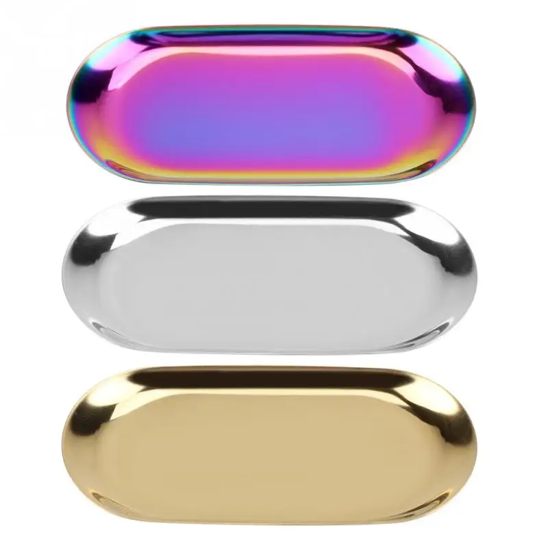 

Colorful Metal Storage Tray Gold Oval Dotted Fruit Plate Small Items Jewelry Display Tray Mirror Kitchen Organizer Storage Tray