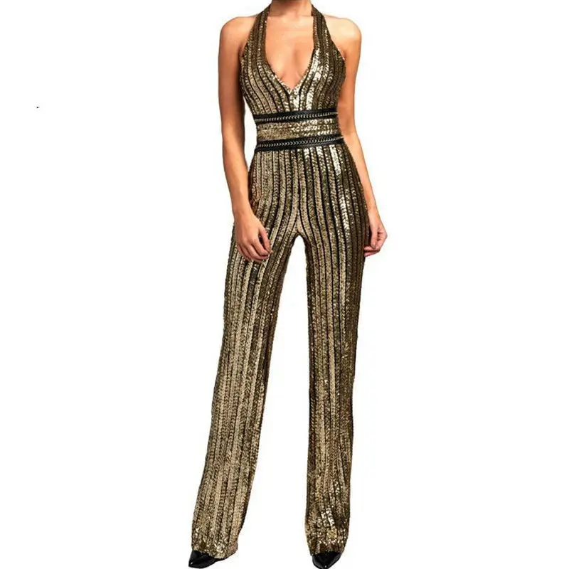 Women Halter Deep V Neck High Waist Slim Night Club Overalls Spaghetti Straps Sexy Backless Rompers Sleeveless Sequined Jumpsuit