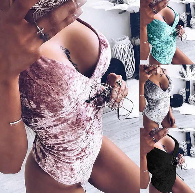 

New Women Ladies Sexy Velvet Bodysuit Fashion Sleeveless Strap Fit Vest Tops One Piece Clothes