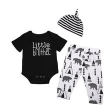 Focusnorm/Новая повседневная одежда для новорожденных мальчиков футболка с короткими рукавами и буквенным принтом Топ+ штаны, брюки шапка, комплект одежды из 3 предметов