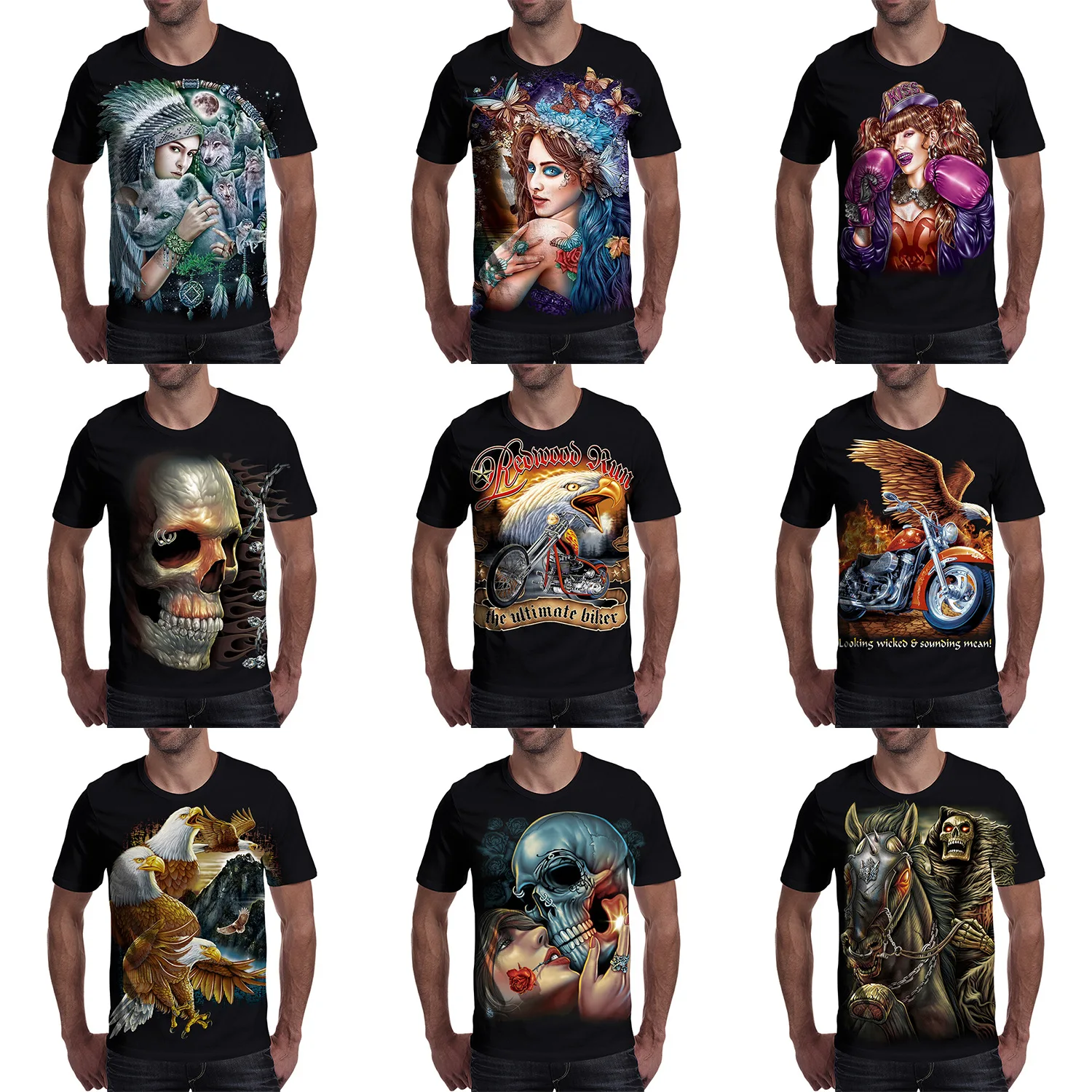 

2019 summer 3D t shirt round neck men's wolf Skull Eagle 3D T-shirt men male half-sleeved solid color tshirt Pure cotton