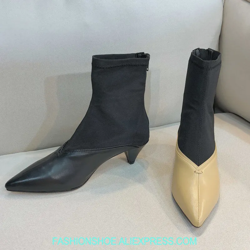 

Fashion Stretch Fabric Leather Patchwork Kitten Heel Women Boots Pointy Toe Mid Heel Sock Boots Slim Slingback Ladies Booties