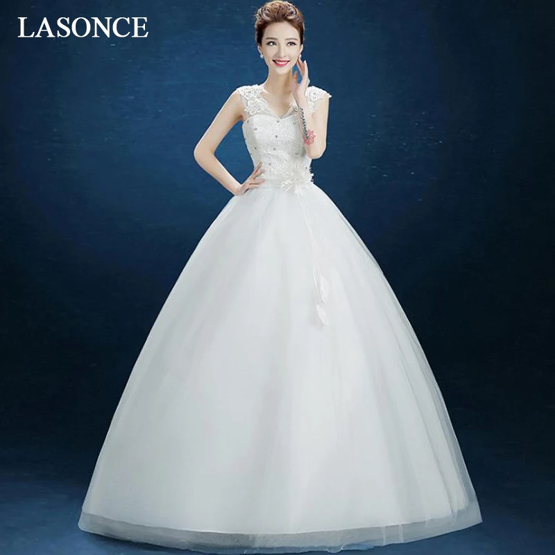 

LASONCE Elegant V Neck Flowers Sash Ball Gown Tulle Wedding Dresses Lace Appliques Tank Backless Bridal Dress