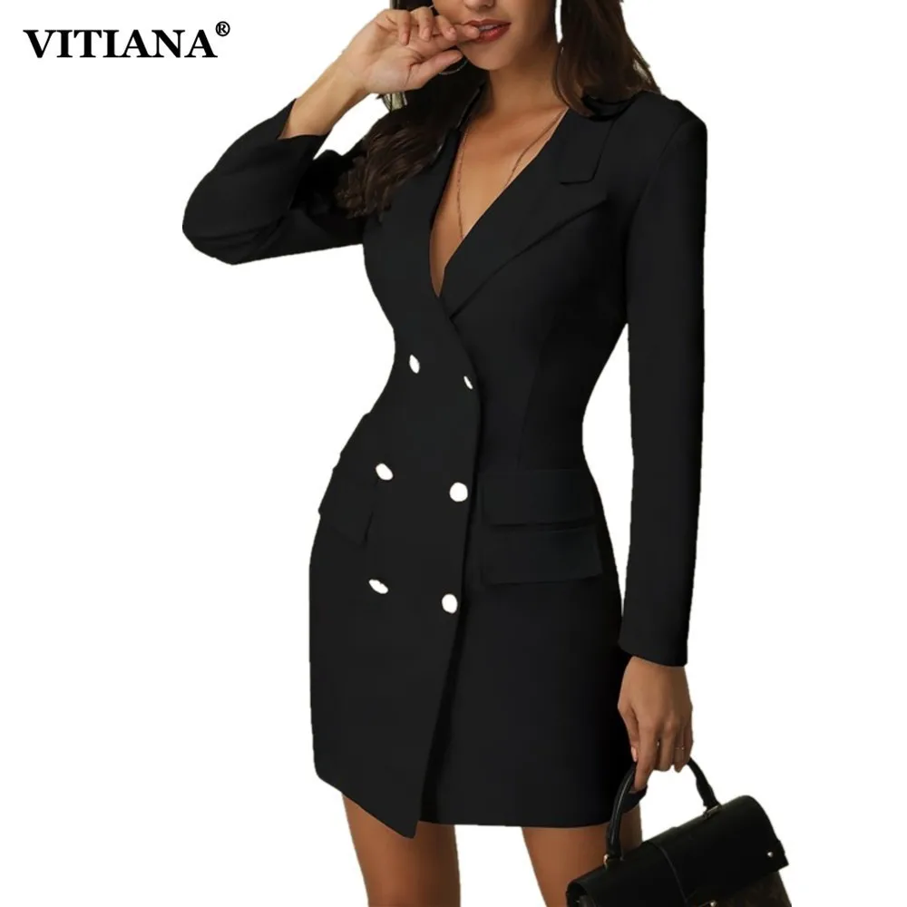 

VITIANA Women Elegant Office Work Dress Suit Female Black White Long Sleeve Double Breasted Short Mini Bodycon Casual Dresses