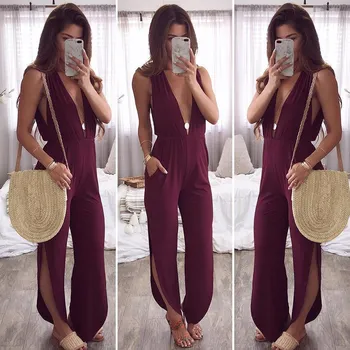 

Women Fashion Deep V-Neck Sleeveless Summer Jumpsuits Split High Waist Sexy Jumpsuits Casual Solid Loose Rompers