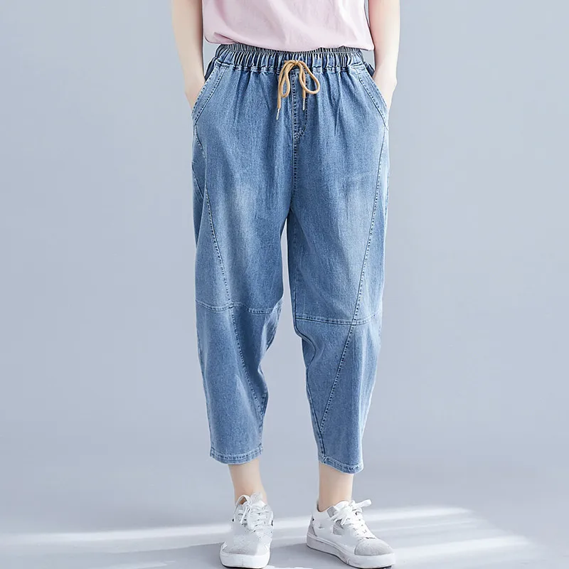

Spring Summer Women High Waist Jeans Vintage Mom Style Harem Jeans Casual Loose Washed Denim Pants Capris