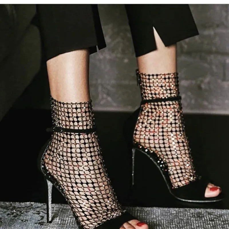 

2019 Spring Summer Ankle Boots Cage Crystal Cut Out Party Woman Shoes Peep Toe High Heels Summer Sandals Women Pumps