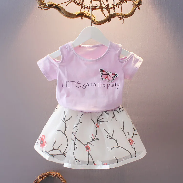 

Summer Set Kids Outfits Shoulder Girls Dress girl Sleeve Clothing Clothes Tops+Floral Baby Skirt T-shirt Off 2PCS Short