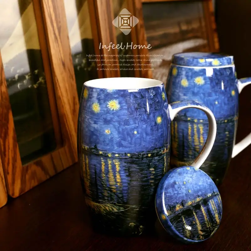 Ван Гог Картина маслом известная картина Чай чашки Звездная ночь высокого Ёмкость с крышкой костяного фарфора молоко кружка-термос для кофе Caneca