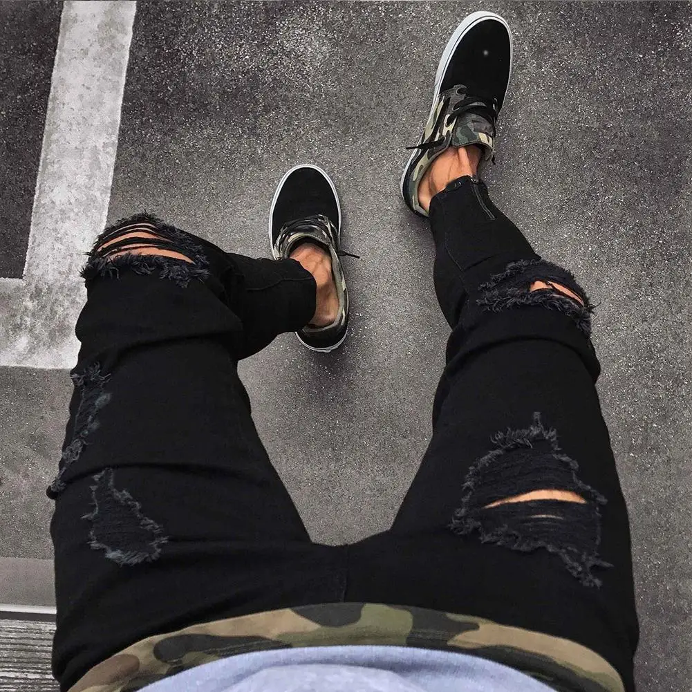 Fashion Men Ripped Skinny Jeans Stretch Destroyed Frayed Slim Fit Denim Pant with Zipper Pencil Pants Trousers Men Clothes