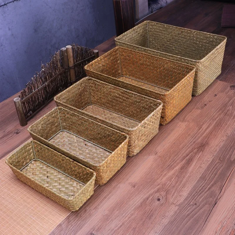 

Handmade Large Straw Weaving Basket Wicker For Fruit Bread Towels Small Sundries Kitchen Storage Container Neatening Rectangle