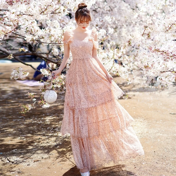 

Layered Ruffles Lace Pink Dress Women Sexy Backless 2019 Celebrity Runway Vestidos Flower Embroidery Vacation Party Long Dress