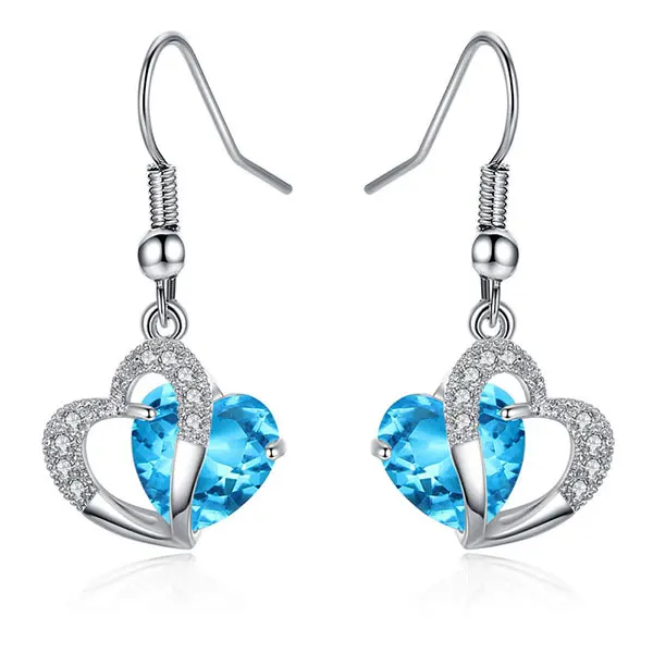 

HPXmas Plated double heart shape crystal Purple blue Love earrings for women wedding statement engagement jewelry gift