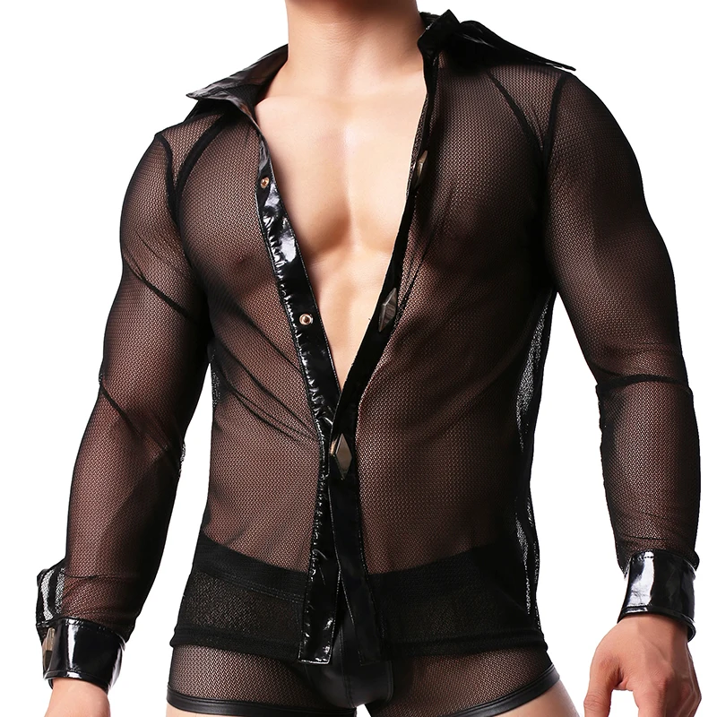 

AIIOU Men's Mesh Black T Shirt Transparent Undershirts Long Sleeve See Through Male Gay Sexy Slim Fit Black Thin Tops Clubwear